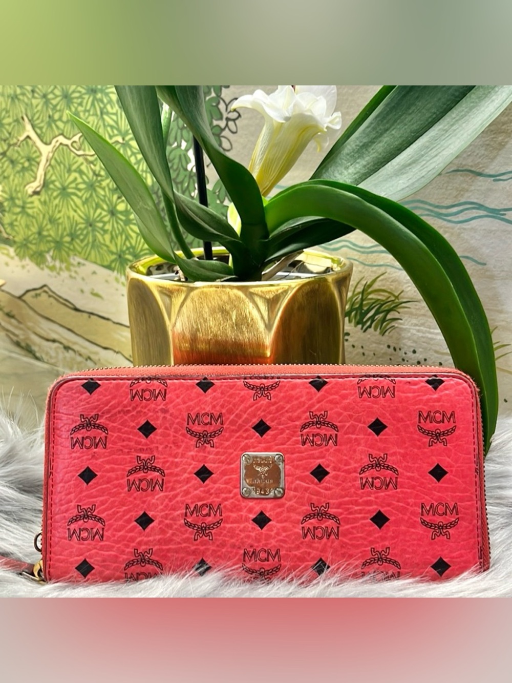 MCM Signature Reddish Pink Leather Zip Around Credit Card Long Wallet